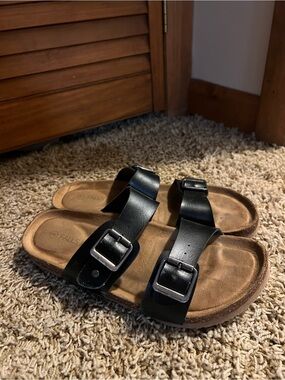 Black Double-Buckle Slide Sandals